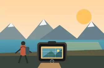 Путешественник у озера и гор снимает пейзаж на смартфон с включенной сеткой кадра
