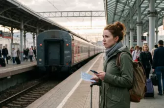 Пассажирка с билетом и телефоном стоит на платформе рядом с уходящим поездом