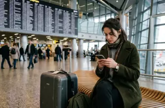 Путешественница в аэропорту проверяет билеты на телефоне рядом с чемоданом