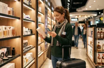 Путешественница выбирает товары в магазине duty free в аэропорту перед вылетом