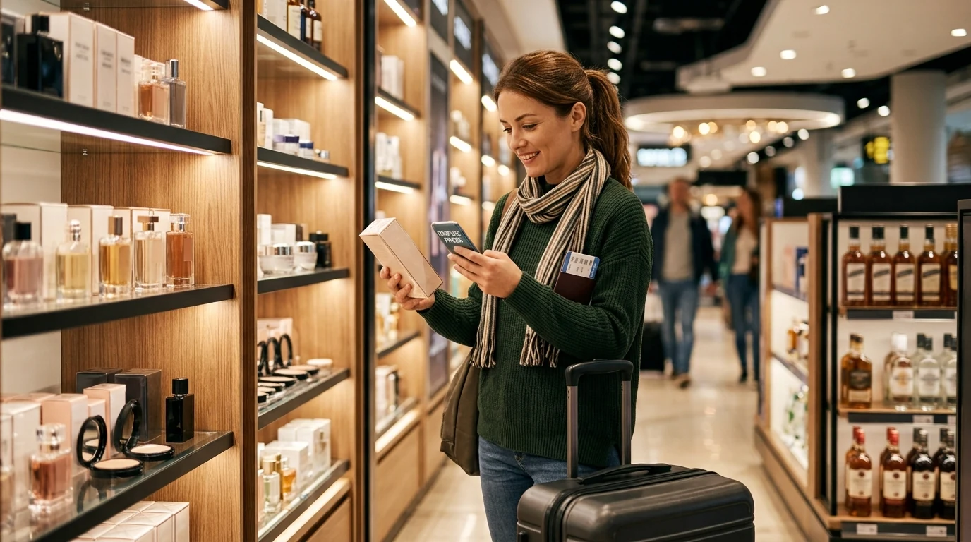 Путешественница выбирает товары в магазине duty free в аэропорту перед вылетом