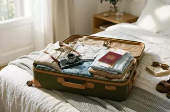 Открытый чемодан с одеждой, паспортом, билетами и камерой на кровати перед поездкой