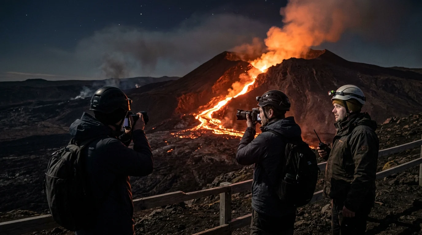 Туристы в касках фотографируют издалека поток лавы на склоне вулкана ночью