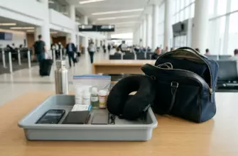 Лоток досмотра в аэропорту с ручной кладью, документами, телефоном, пауэрбанком, лекарствами и дорожными флаконами