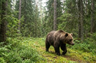 Бурый медведь в естественной среде обитания в таежных лесах России